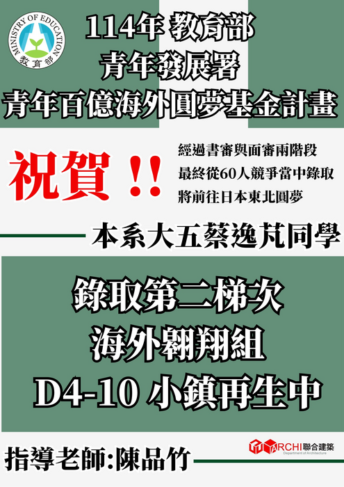 🎉🎉🎉 祝賀！🎉🎉🎉錄取114年教育部青年發展署 青年百億海外圓夢基金計畫圖片